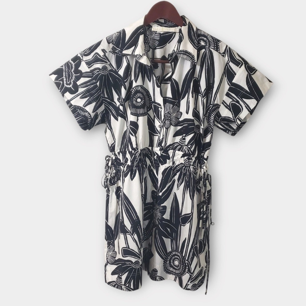 Marie Oliver Billie Mini Shirtdress Black White Floral Button Front Medium